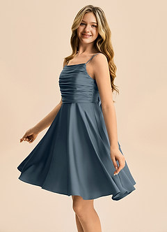 Azazie Miko Junior Linia A Pofałdowany Satyna elastyczna Mini Młodsza druhna Sukienka image7