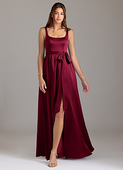 Azazie Elliott Bridesmaid Dresses Burgundy A-Line with Pockets Stretch Satin Dress image5