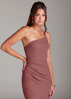 Azazie Eren Vestidos de damas de honor Vestido de Rosa Del Desierto de Crepé elástico de Corte Recto con Hombro unilateral image6