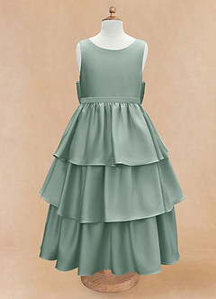 Azazie Margie Robe Demoiselle D'honneur Fillette Robe Trapèze en Satin extensible Nœud Sauge D'argent image4