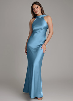 Azazie Dimitra Bridesmaid Dresses Steel Blue Sheath Pleated Stretch Satin Dress image1