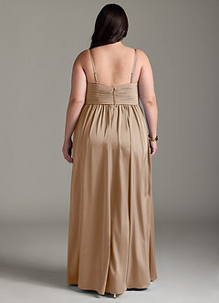 Azazie Alia Bridesmaid Dresses Taupe A-Line Pleated Stretch Satin Dress image9