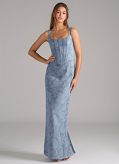 Azazie Kenna Bridesmaid Dresses Dusty Blue Sheath Side Slit Floral Burnout Dress image1