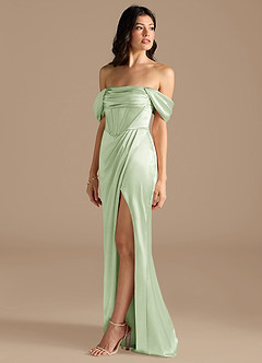 Azazie Lynden Bridesmaid Dresses Dusty Sage Sheath Off the Shoulder Metallic Satin Convertible Dress image7