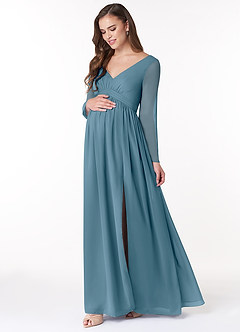 Azazie Teton Zwangerschaps Bruidsmeisjekleding A-Lijn Lange mouw Chiffon Vloerlengte Jurk image3