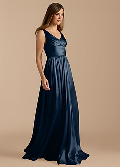 Azazie Keyla Vestidos de damas de honor Vestido de Azul Marino Oscuro de Satén Metálico de Corte en A con Plisado image7