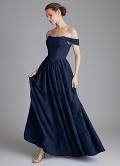 Azazie Raisa Bridesmaid Dresses Dark Navy A-Line Off the Shoulder Floral Burnout Dress image7