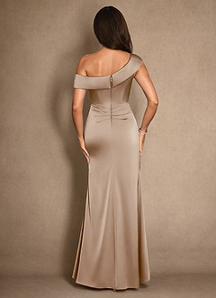 Azazie Hamptons Mother of the Bride Dresses Taupe A-Line Pleated Stretch Satin Dress image2