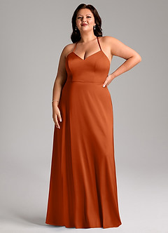 Azazie Mei Bridesmaid Dresses Burnt Orange A-Line V-Neck Stretch Satin Dress image12