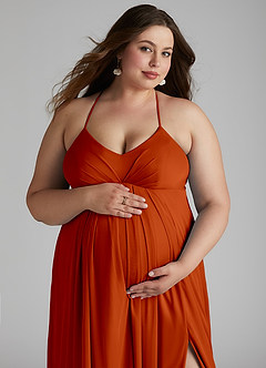 Azazie Annabelle Brautjungfernkleider für Schwangere A-Linie V-Hals Gefaltet Gittergewebe Bodenlänge Kleid image11