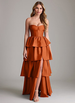 Azazie Faye Bridesmaid Dresses Burnt Orange A-Line Ruched Stretch Satin Dress image1