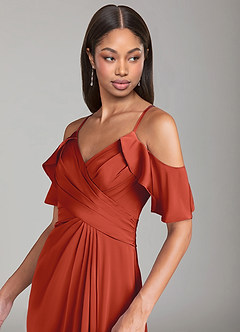 Azazie Dakota Bridesmaid Dresses Rust A-Line Off the Shoulder Stretch Satin Dress image5
