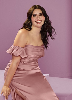 Barbie ♥ Azazie Bridesmaid Dresses Dusty Rose Sheath Off the Shoulder Stretch Satin Convertible Dress image16