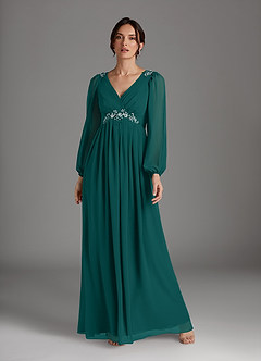 Azazie Gypsy vestidos de madre de la novia Vestido de Pavo Real de Gasa de Corte En A con Lentejuelas cuello pico image3