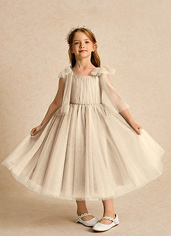 Azazie Dori Robe Demoiselle D'honneur Fillette Robe Trapèze en Tulle Rayé Champagne image6