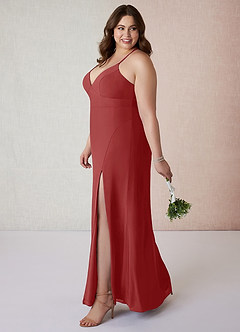Azazie Becca Robes de demoiselle d'honneur Robe Fourreau en Mousseline de soie Col en V Rouille image9