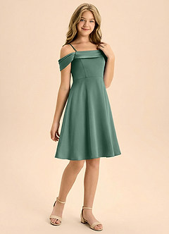 Azazie Anselie Junior Eucalyptus A-Line Pleated Stretch Satin Dress image6