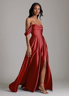 Azazie Loisa Abiti da Damigella Abito A-Line in Raso Elasticizzato a Spalla Scoperta Melograno image6