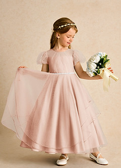 Azazie Duckie Abiti da Ragazza di Fiori Abito Principessa in Tulle Plissettato Rosa Inglese image3