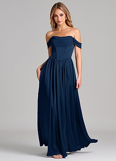 Azazie Raisa Bridesmaid Dresses Dark Navy A-Line Off the Shoulder Stretch Satin Dress image3