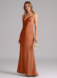 Azazie Suttona Bridesmaid Dresses Copper A-Line Pleated Stretch Satin Dress image4