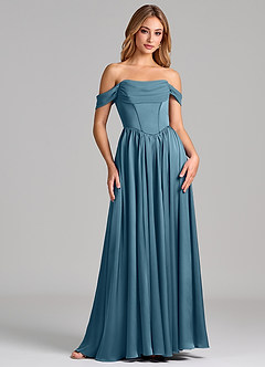 Azazie Raisa At-home Try On Dresses Sky Blue A-Line Off the Shoulder Stretch Satin Dress image4