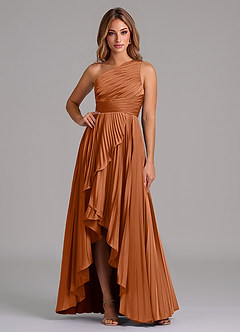 Azazie Lyrica Bridesmaid Dresses Copper A-Line One Shoulder Stretch Satin Dress image1