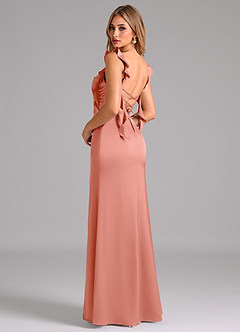 Azazie Jessamine Bridesmaid Dresses Coral A-Line Corset Stretch Satin Dress image2