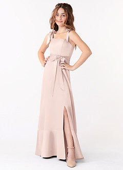 Azazie Barbara Junior Blushing Pink A-Line Bow Stretch Satin Dress image1