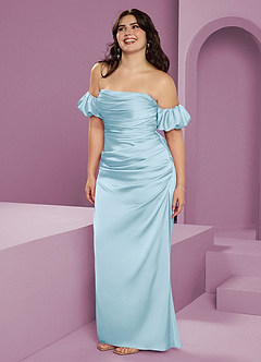 Barbie ♥ Azazie Bridesmaid Dresses Sky Blue Sheath Off the Shoulder Stretch Satin Convertible Dress image14