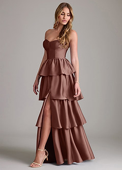 Azazie Faye Bridesmaid Dresses Espresso A-Line Ruched Stretch Satin Dress image3