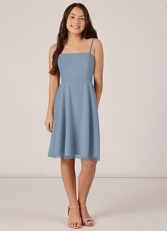 Azazie Kalie Junior Dusty Blue A-Line with Belt Chiffon Dress image1