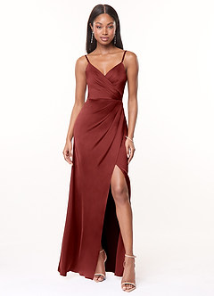 Azazie Maci Bridesmaid Dresses Terracotta A-Line V-Neck Pleated Stretch Satin Dress image1
