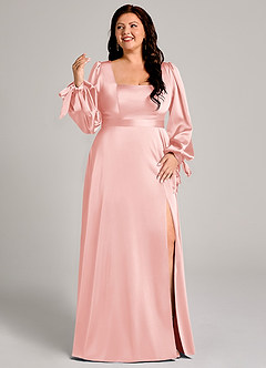 Azazie Leonia Bridesmaid Dresses Powder Pink A-Line Long Sleeve Stretch Satin Dress image10