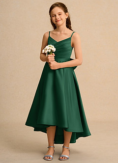 Azazie Sweets Junior Formal Flower Girl Dresses Dark Green A-Line Pleated Matte Satin Dress image1