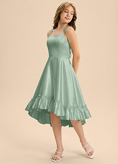 Azazie Bellina Junior Agave A-Line Ruched Stretch Satin Dress image3