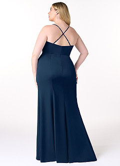 Azazie Marzia Vestidos de damas de honor Vestido de Azul Marino Oscuro de Satén Elástico de Corte Recto con Cuello V Plisado image8