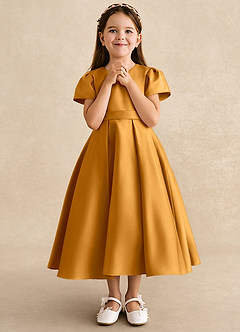 Azazie Princess Vestidos de florista Vestir Caramelo de Cetim fosco de Linha A com Plissado image4