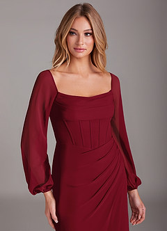 Azazie Charissa Bridesmaid Dresses Burgundy Sheath Long Sleeve Chiffon Dress image7