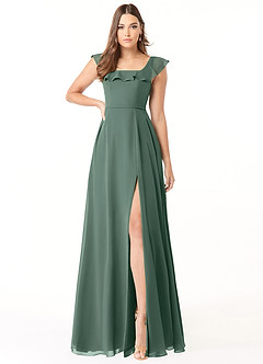 Azazie Jinny Brautjungfernkleider A-Linie Quadratischer Ausschnitt Gerüscht Chiffon Kleid Seemoos image2