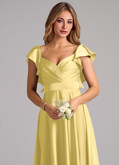 Azazie Leilani Bridesmaid Dresses Canary A-Line Ruched Stretch Satin Dress image5