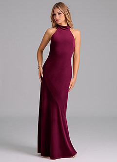 Azazie Velli Vestidos de damas de honor Vestido de Cabernet de terciopelo de Corte Sirena con Cuello Alto image3