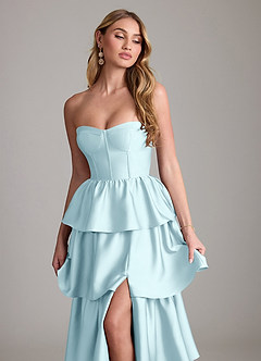 Azazie Faye Robes de demoiselle d'honneur Robe Trapèze en Satin extensible Drapé Bleu Nuage image5