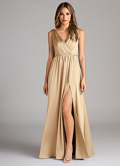 Azazie Tanicia Brautjungfernkleider A-Linie Plissee Stretch-Satin Kleid Champagner image1