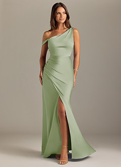 Azazie Madelyn Robes de demoiselle d'honneur Robe Sirène Convertible en Satin extensible Épaule décolletée Vert Sauge image1