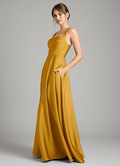 Azazie Shaude Bridesmaid Dresses Butterscotch A-Line Pleated Stretch Satin Dress image4