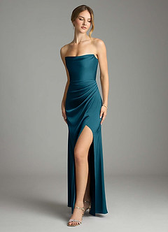 Azazie Leonis Bridesmaid Dresses Ink Blue Mermaid Pleated Stretch Satin Convertible Dress image1