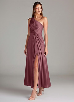 Azazie Brooke Robes de demoiselle d'honneur Robe Trapèze en Satin extensible Asymétrique Rose Du Désert image3