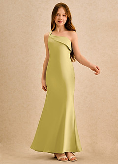 Azazie Almond Girls Formal Jurken voor bloemenmeisjes Kokerjurk Jurk van Stretch Satijn One-shoulder Kanarie image6