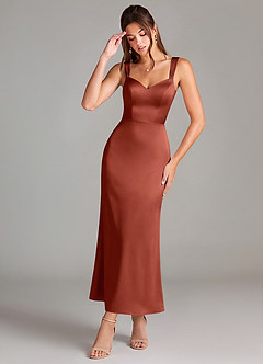 Azazie Denice Robes de demoiselle d'honneur Robe Fourreau en Satin extensible Plissée Terracotta image1